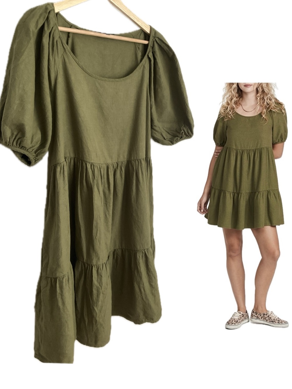 Madewell (Re)sponsible Medium Tiered Puff-Sleeve Olive Green Babydoll Dress EUC